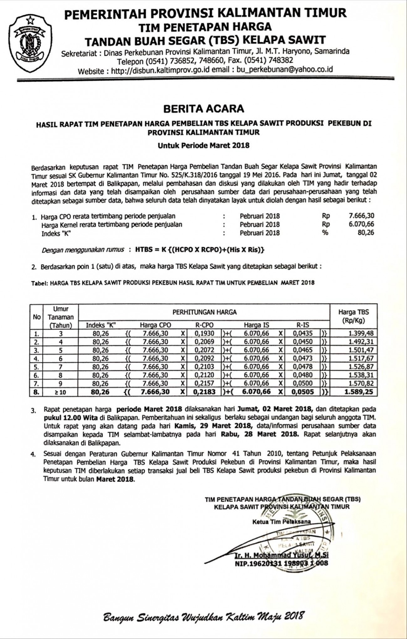 Informasi Harga TBS Kelapa Sawit Bulan Maret 2018